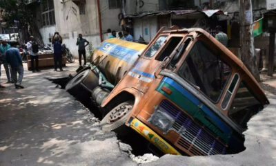 Hyderabad: Water tanker falls into drain in Banjara Hills